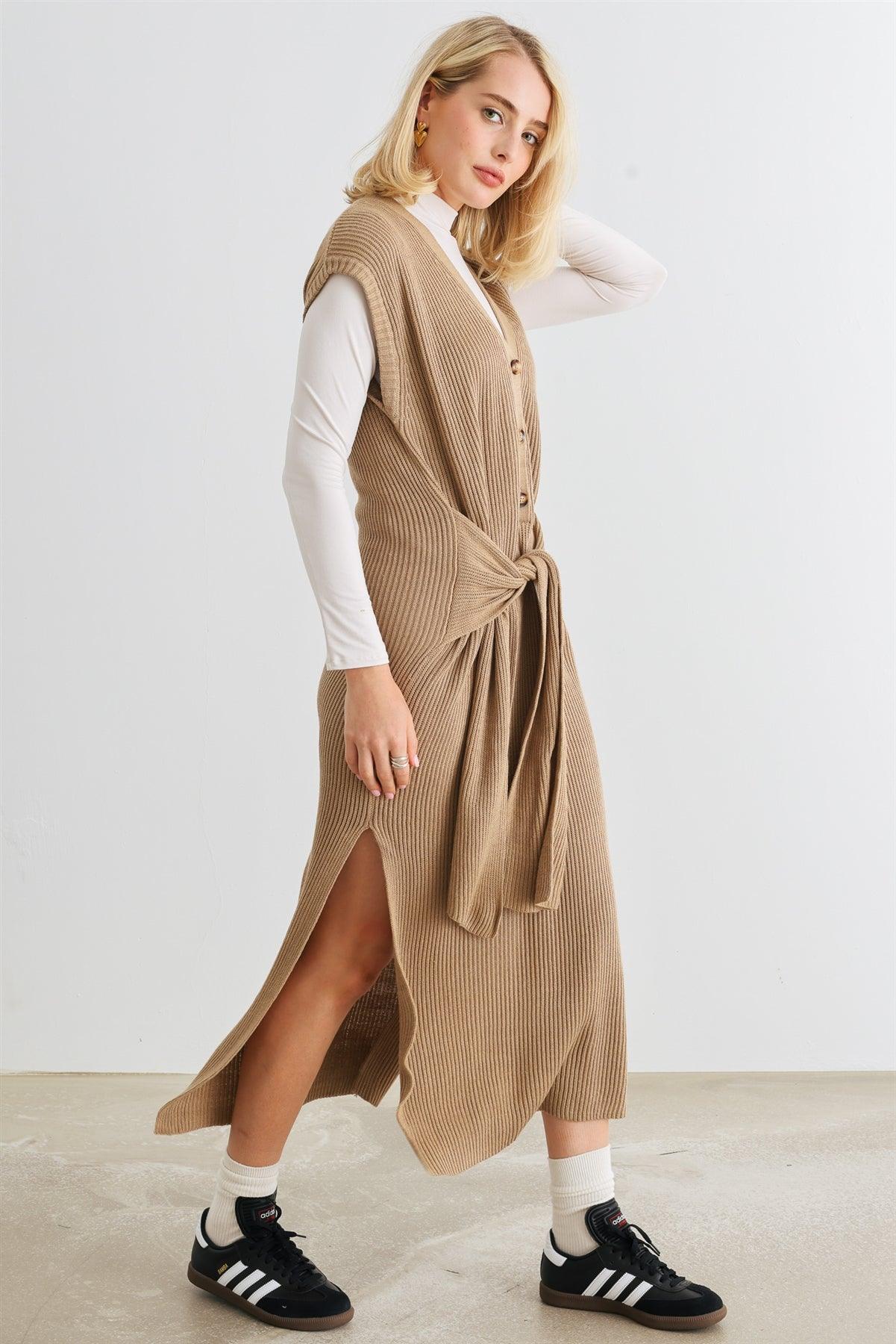 Mocha Knit Button-Up Sleeveless Belted Midi Sweater Dress /3-2-1