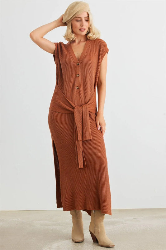 Rust Knit Button-Up Sleeveless Belted Midi Sweater Dress /3-2-1 - Tasha Apparel Wholesale