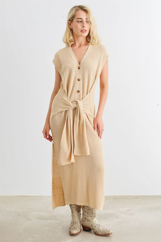 Taupe Knit Button-Up Sleeveless Belted Midi Sweater Dress /2-2-1 - Tasha Apparel Wholesale