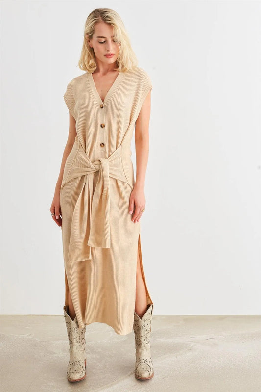 Taupe Knit Button-Up Sleeveless Belted Midi Sweater Dress /3-2-1 - Tasha Apparel Wholesale