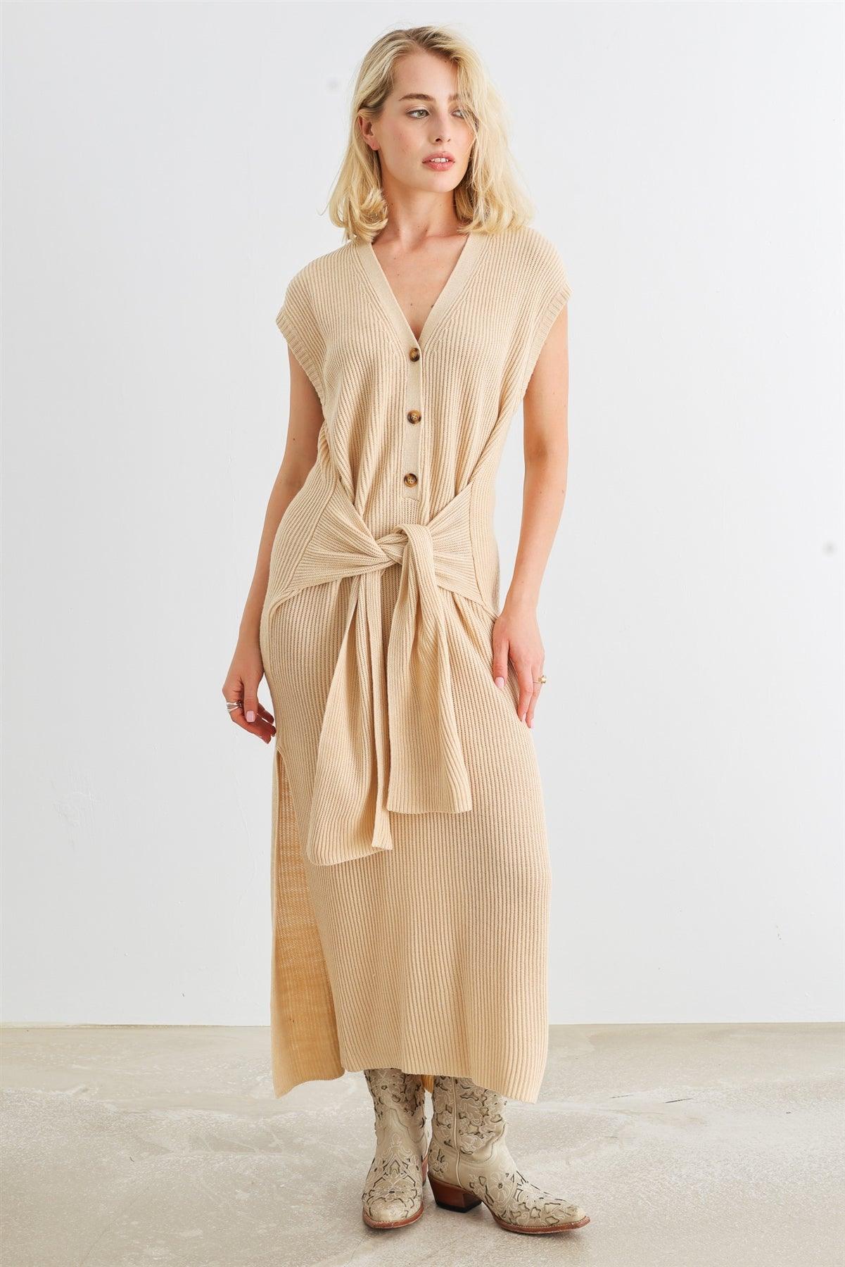 Taupe Knit Button-Up Sleeveless Belted Midi Sweater Dress /3-2-1