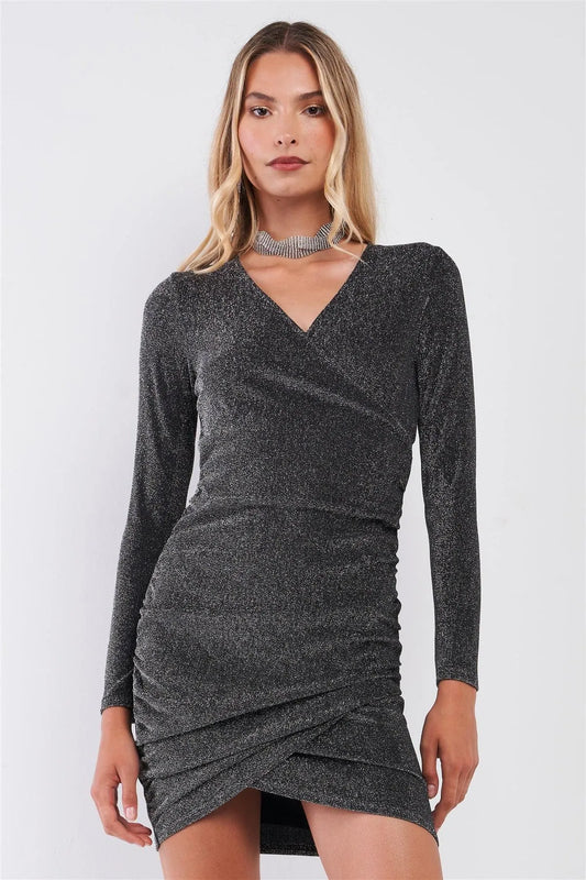 Black & Silver Shiny Wrap Gathered V-Neck Long Sleeve Mini Dress /2-2-2 - Tasha Apparel Wholesale