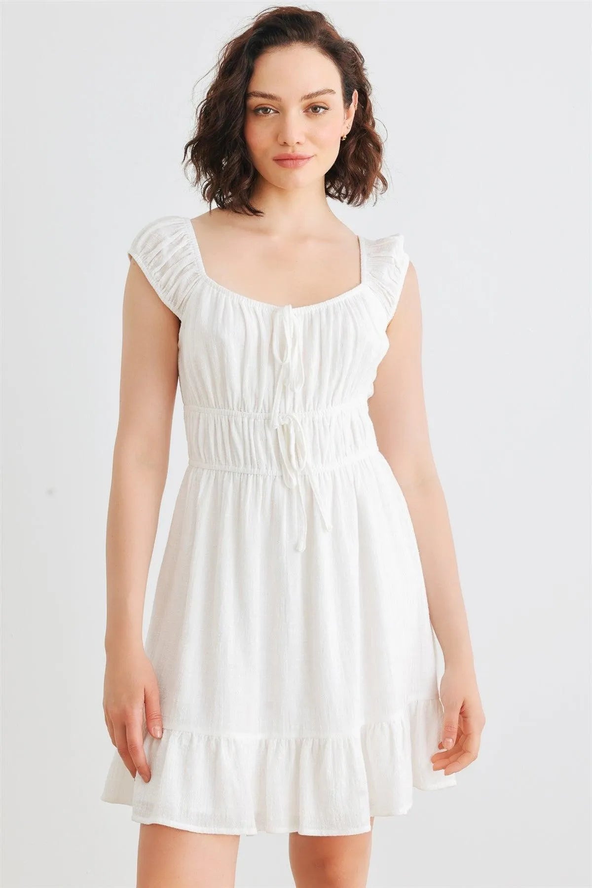 White Cotton Sleeveless Square Neck Smocked Mini Dress /2-2-2 - Tasha Apparel Wholesale