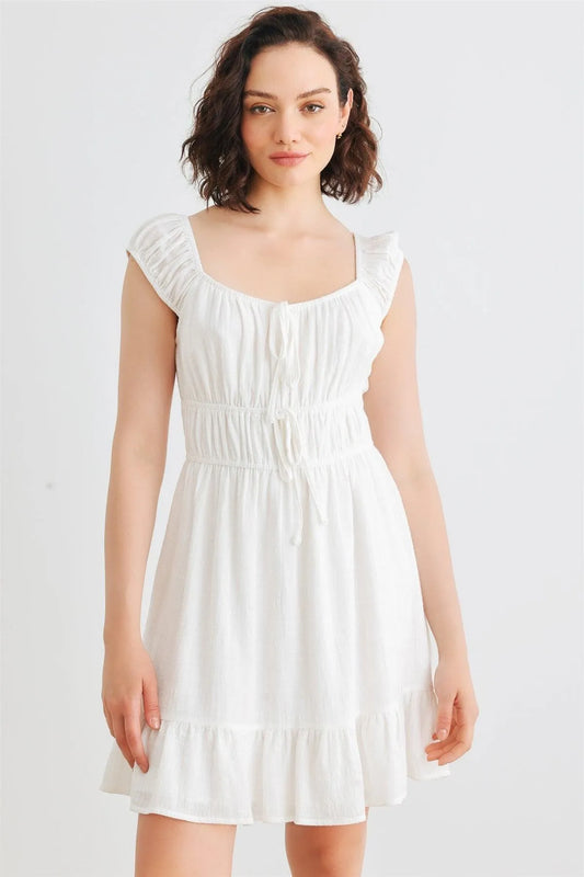 White Cotton Sleeveless Square Neck Smocked Mini Dress /2-2-2 - Tasha Apparel Wholesale