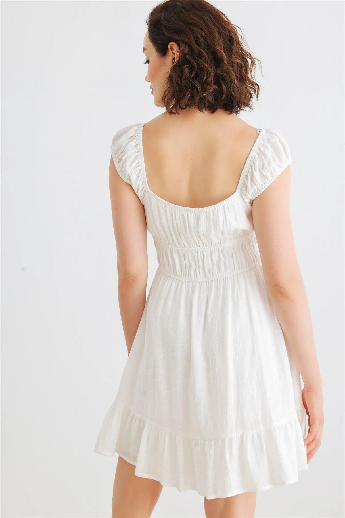 White Cotton Sleeveless Square Neck Smocked Mini Dress /2-2-2 - Tasha Apparel Wholesale