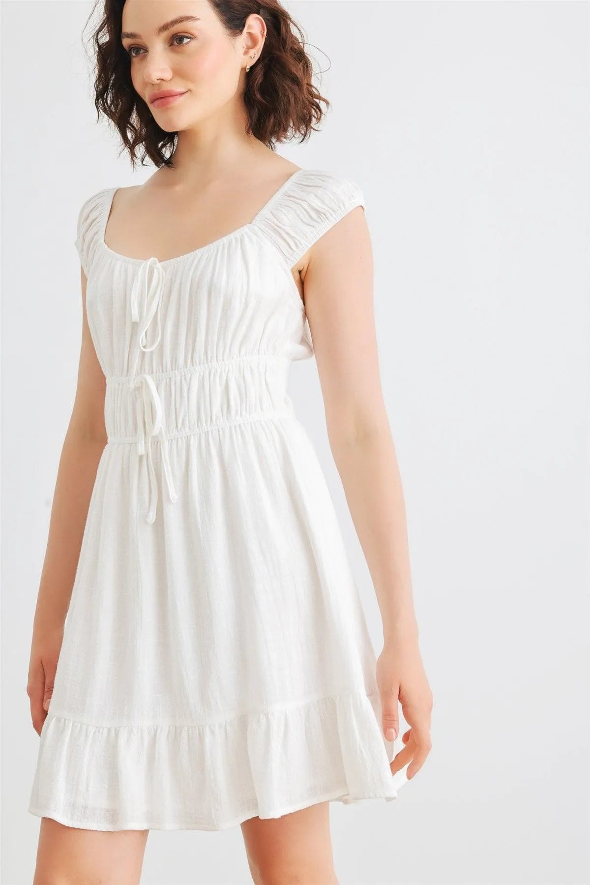 White Cotton Sleeveless Square Neck Smocked Mini Dress /2-2-2 - Tasha Apparel Wholesale