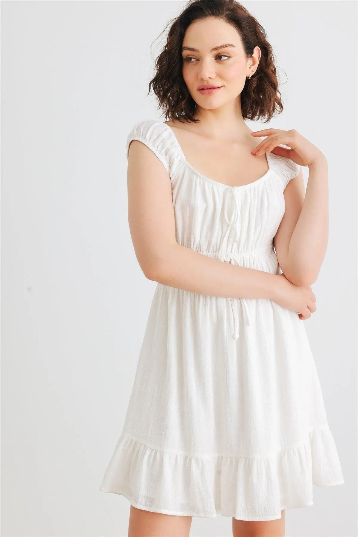 White Cotton Sleeveless Square Neck Smocked Mini Dress /2-2-2 - Tasha Apparel Wholesale