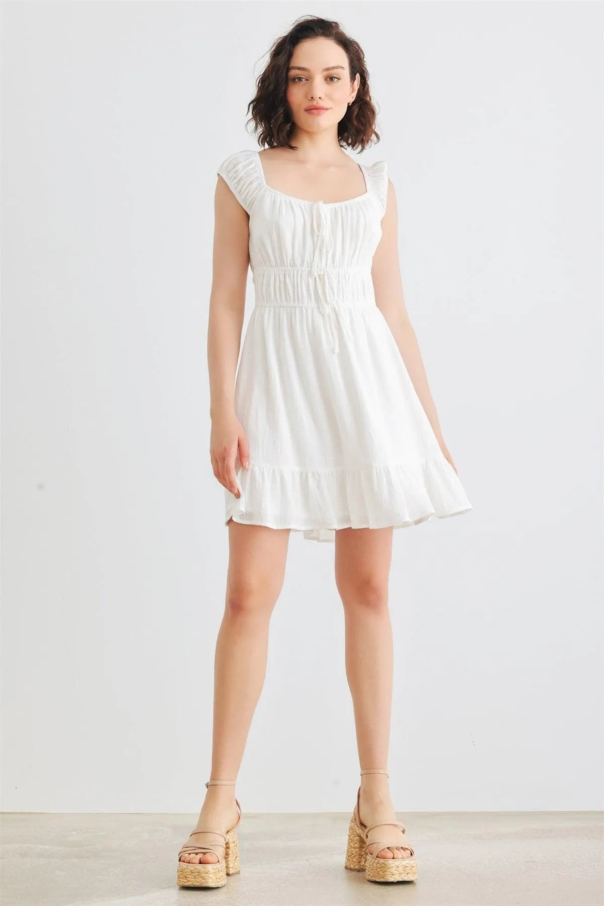 White Cotton Sleeveless Square Neck Smocked Mini Dress /2-2-2 - Tasha Apparel Wholesale