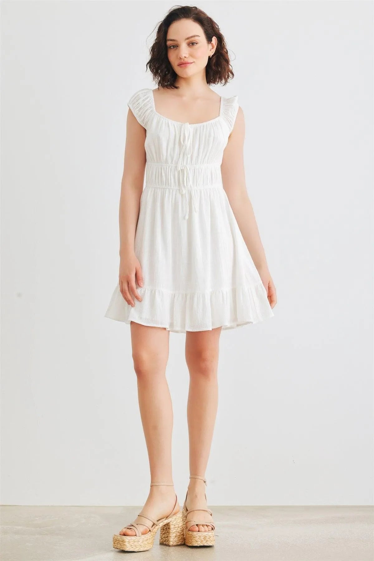 White Cotton Sleeveless Square Neck Smocked Mini Dress /2-2-2 - Tasha Apparel Wholesale