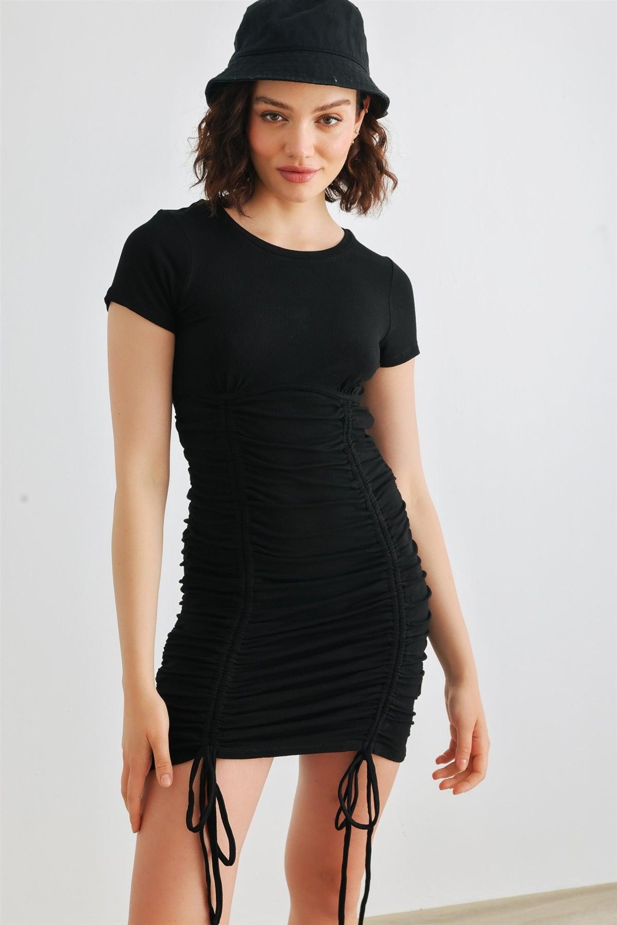 Black Ribbed Short Sleeve Ruched Mini Dress /3-2-1