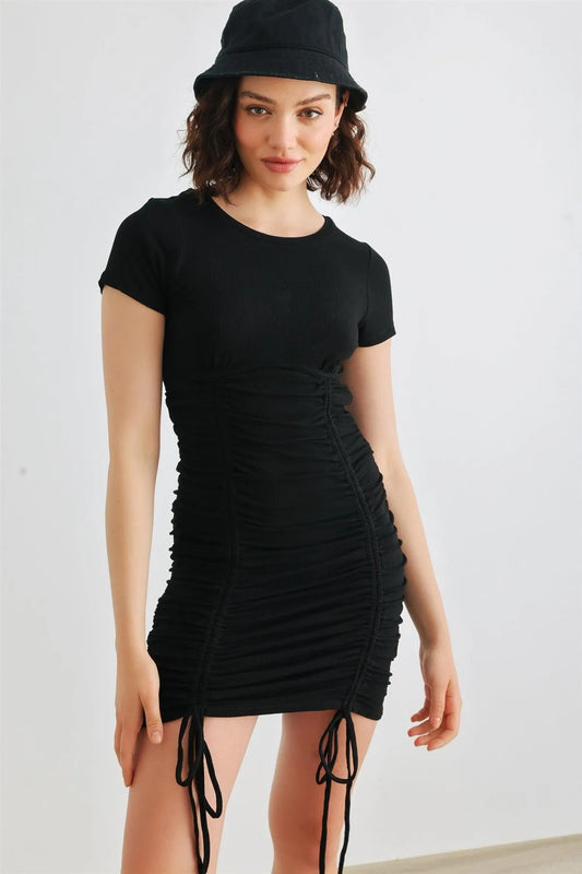 Black Ribbed Short Sleeve Ruched Mini Dress /3-2-1 - Tasha Apparel Wholesale