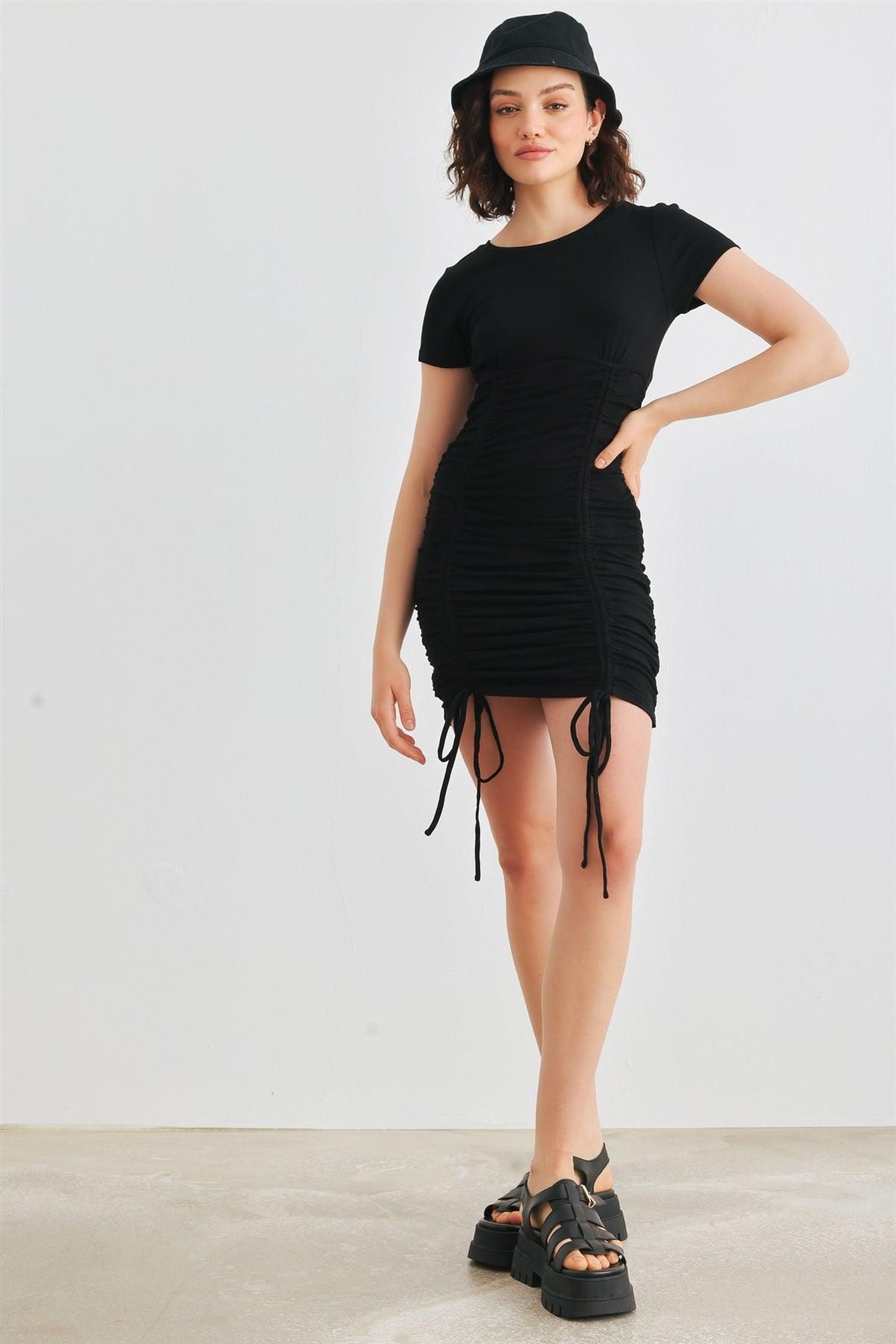 Black Ribbed Short Sleeve Ruched Mini Dress /3-2-1