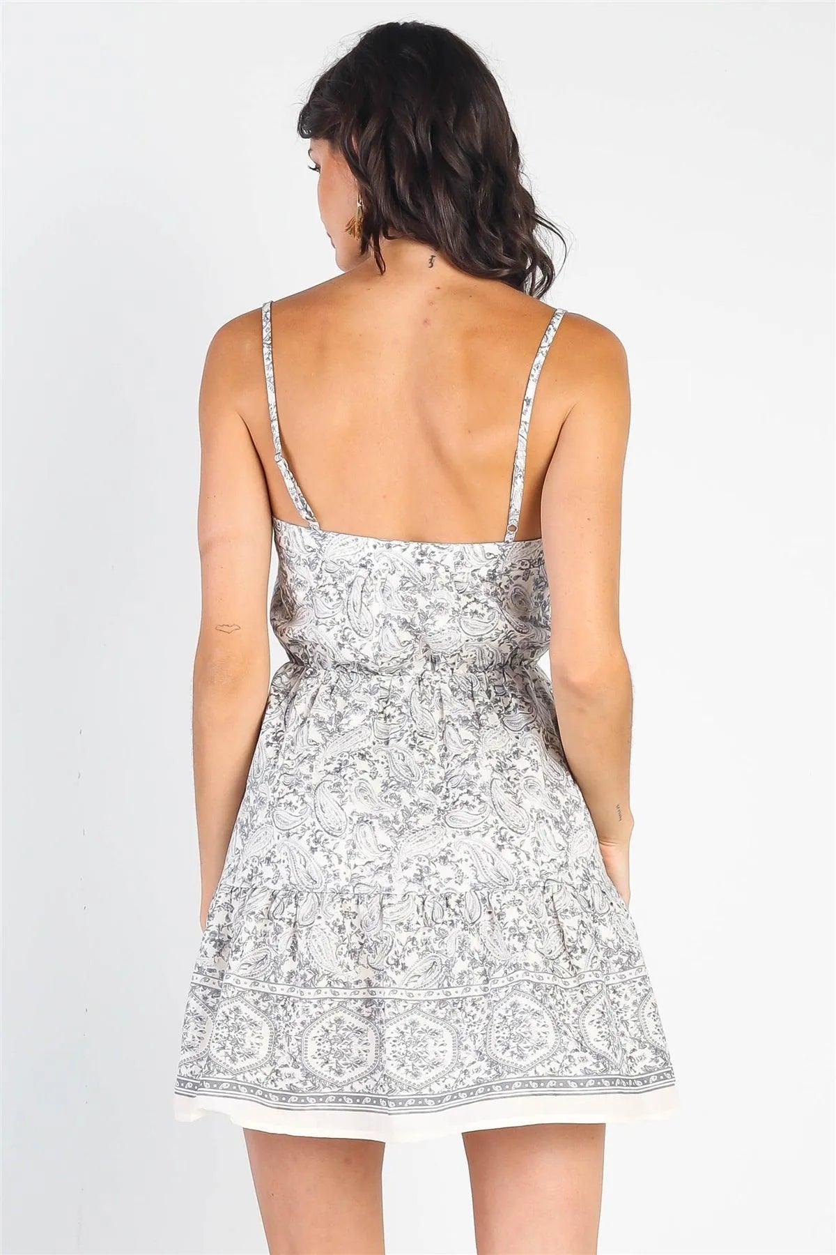 Cream & Grey Cotton Paisley Print Sleeveless Mini Dress /3-2-1 - Tasha Apparel Wholesale