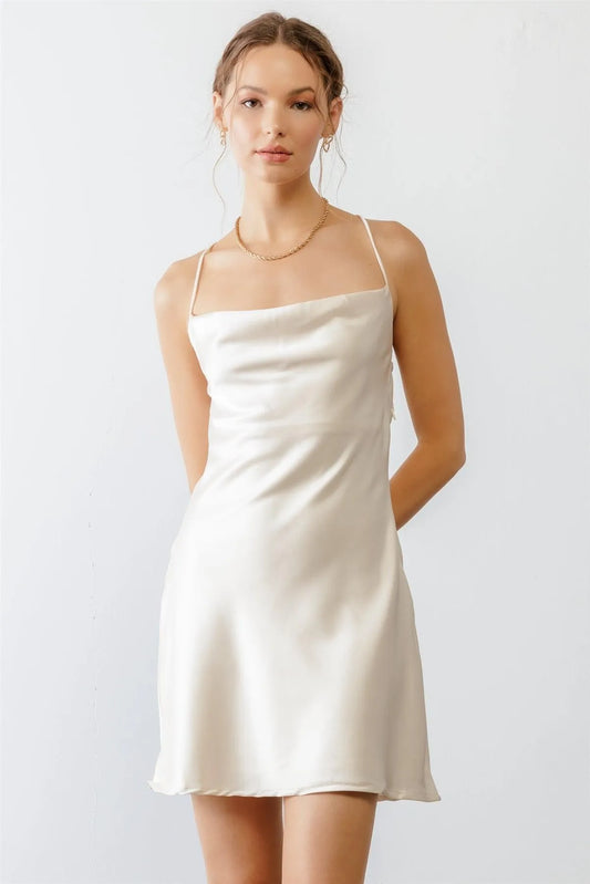 Champagne Satin Cowl Neck Strappy Mini Dress /3-2-1 - Tasha Apparel Wholesale