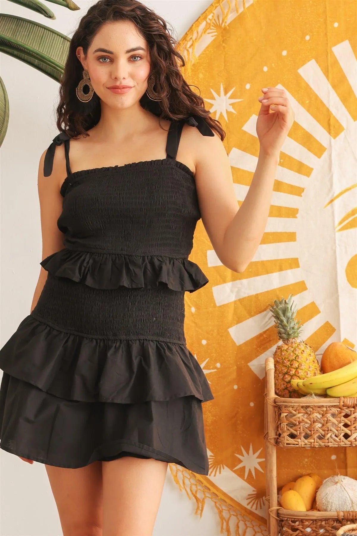 smocked ruffle dress Black Cotton Smocked Ruffle Sleeveless Mini Dress /3-2-1