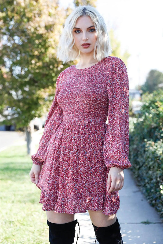 Burgundy & White Floral Smocked Puff Balloon Sleeve Open Back Self-Tie Detail Dress /2-2-1 - Tasha Apparel Wholesale