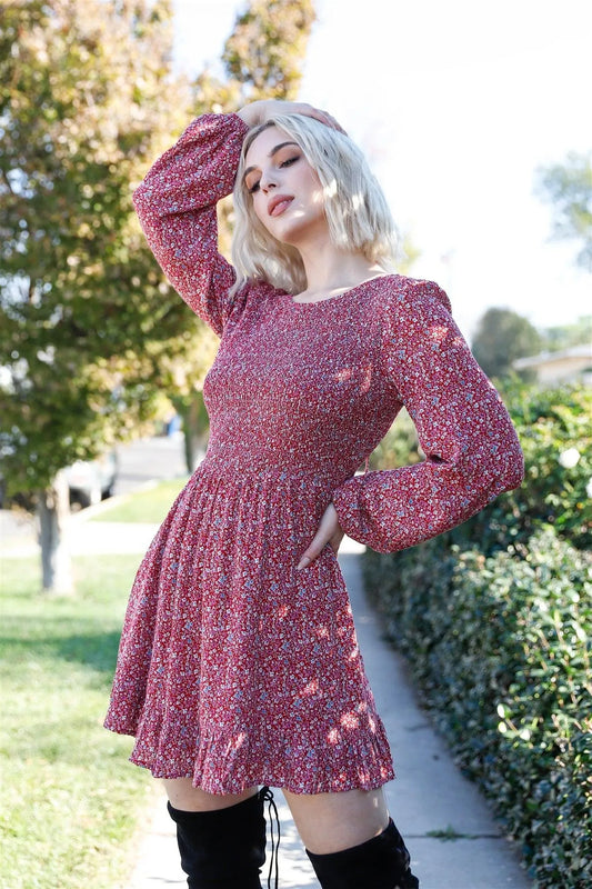 Burgundy & White Floral Smocked Puff Balloon Sleeve Open Back Self-Tie Detail Dress /3-2-1 - Tasha Apparel Wholesale