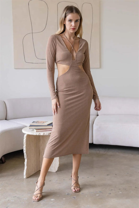 Mocha Texture Criss Cross Cut Out Long Sleeve Dress /3-2-1 - Tasha Apparel Wholesale