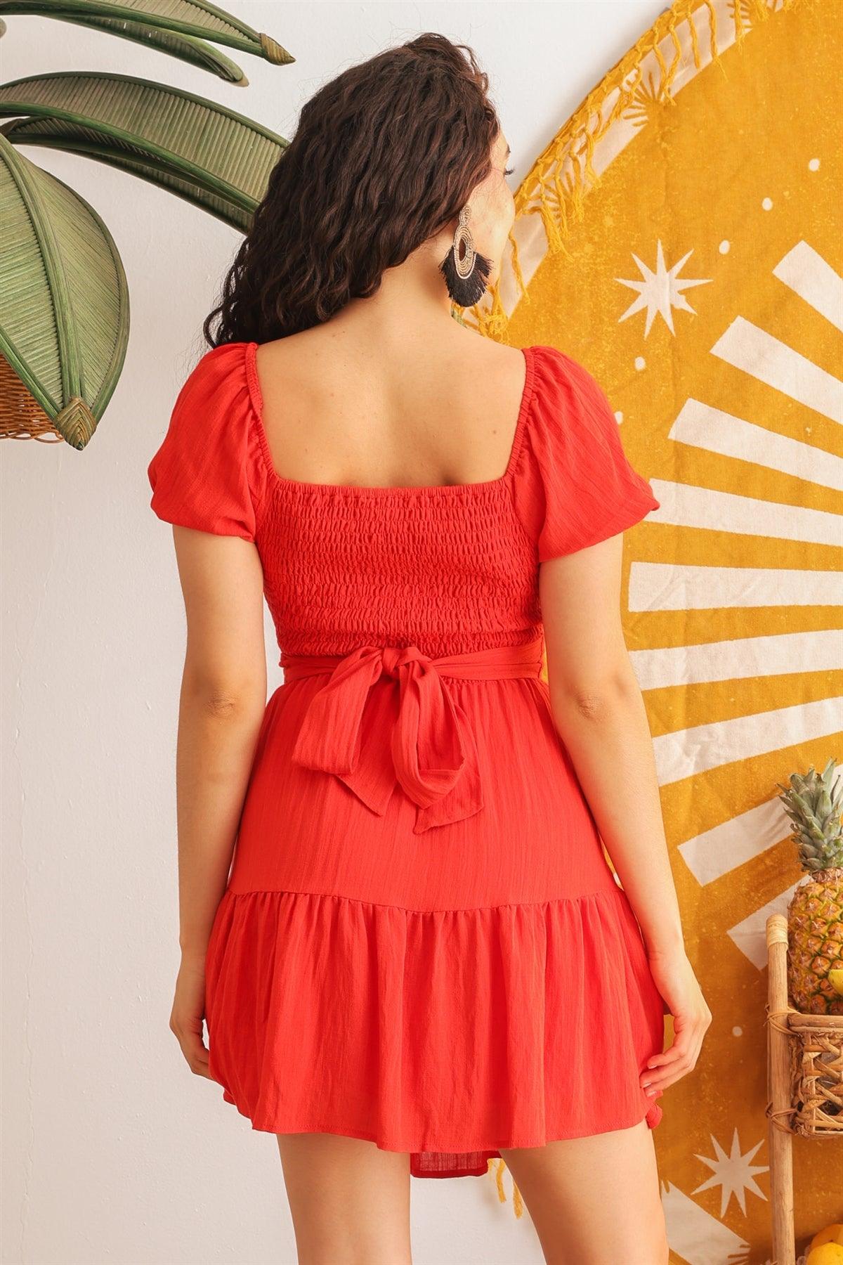 Red Criss-Cross Front Puff Short Sleeve Smocked Back Mini Dress /3-2-1