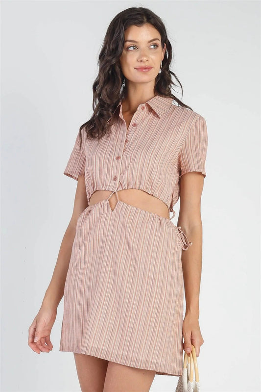 Orange Multi Color Stripe Cotton Cut-Out Tie Detail Shirt Mini Dress /3-2-1 - Tasha Apparel Wholesale