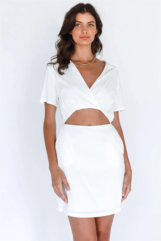 Off-White Textured Front Cut-Out Collared V-Neck Mini Dress /3-2-1 - Tasha Apparel Wholesale