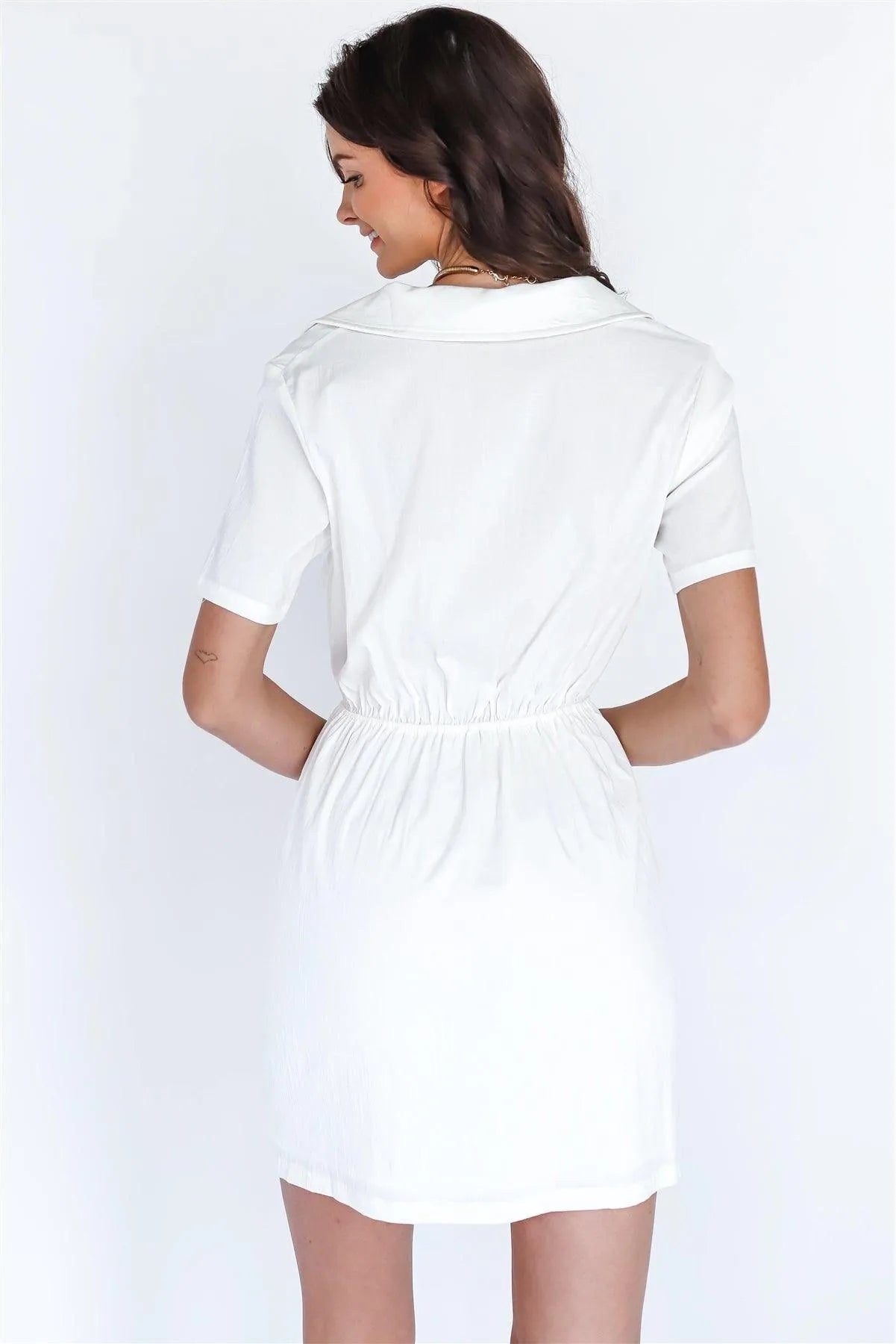 Off-White Textured Front Cut-Out Collared V-Neck Mini Dress /3-2-1 - Tasha Apparel Wholesale
