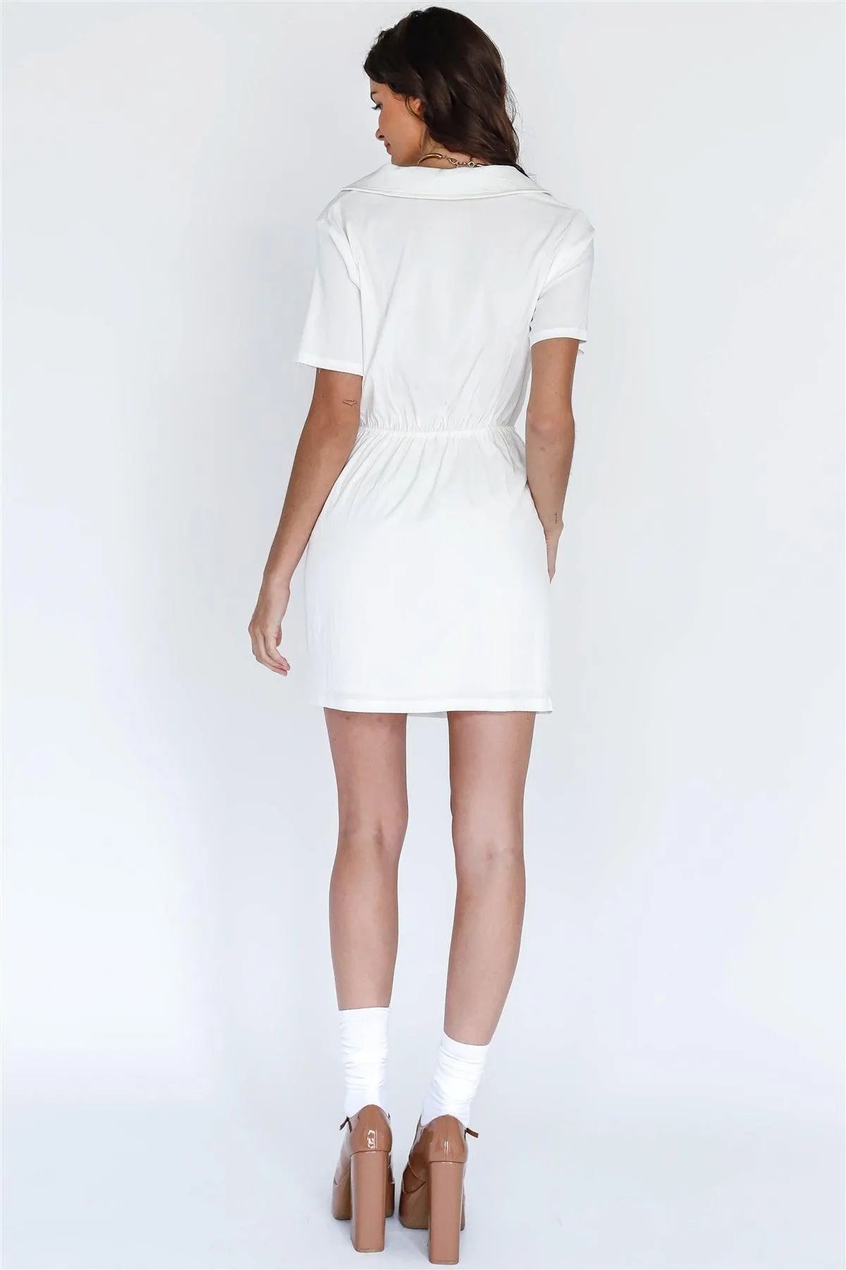 Off-White Textured Front Cut-Out Collared V-Neck Mini Dress /3-2-1 - Tasha Apparel Wholesale