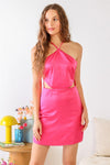 Hot Pink Satin Halter Neck Strappy Sleeveless Cut-Out Mini Dress /3-2-1