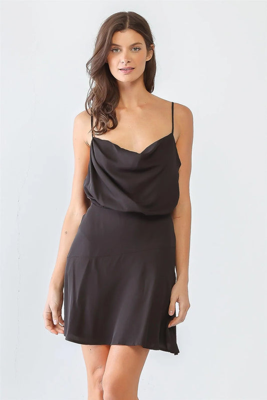 Black Cowl Neck Strappy Flare Hem Mini Dress /2-2-1 - Tasha Apparel Wholesale