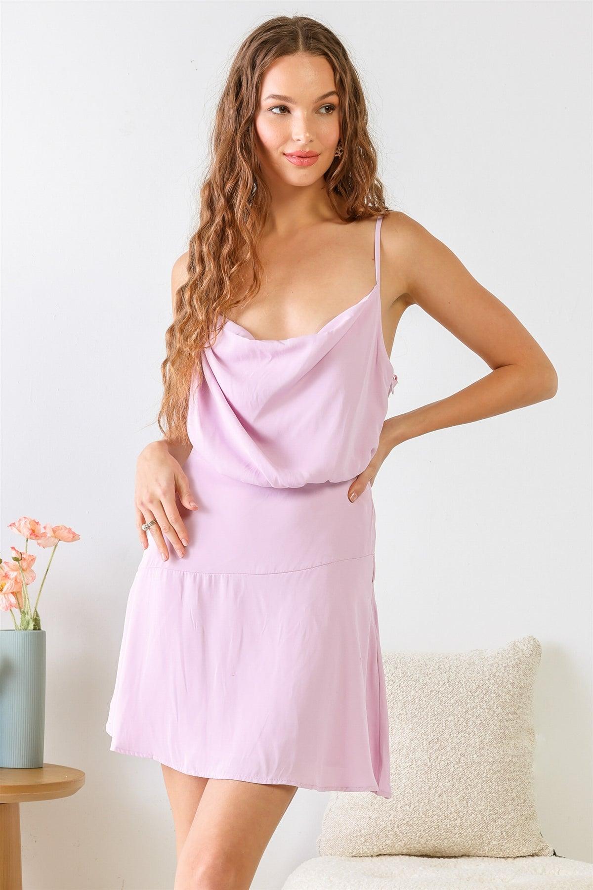 Lavender Cowl Neck Strappy Flare Hem Mini Dress /3-2-1