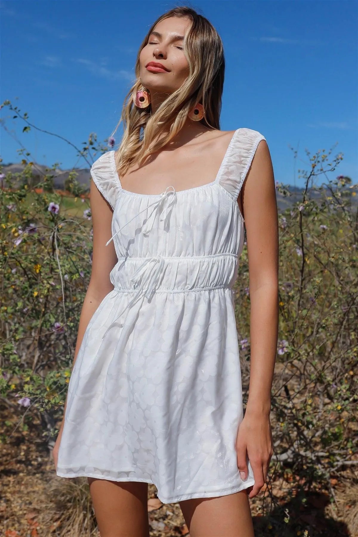 White Floral Print Bow Detail Sleeveless Mini Dress /3-2-1 - Tasha Apparel Wholesale