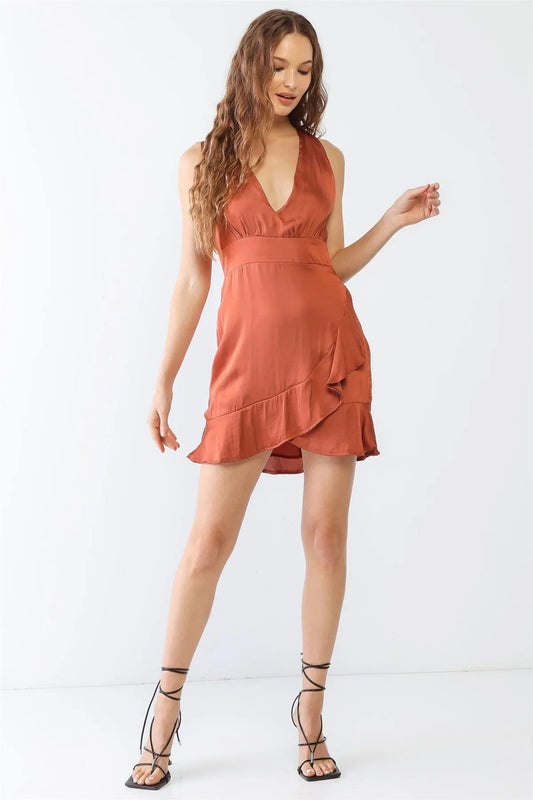 Rust Satin Sleeveless V-Neck Back Criss-Cross Ruffle Hem Mini Dress /2-2-1 - Tasha Apparel Wholesale