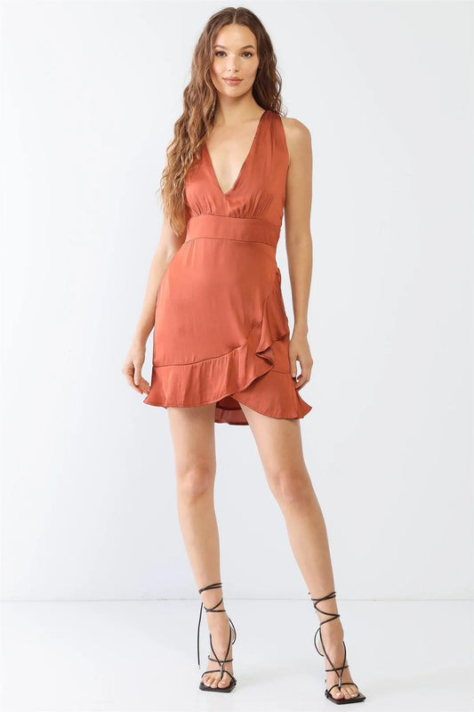 Rust Satin Sleeveless V-Neck Back Criss-Cross Ruffle Hem Mini Dress /3-2-1 - Tasha Apparel Wholesale