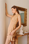 Tan Satin Sleeveless V-Neck Back Criss-Cross Ruffle Hem Mini Dress /3-2-1 - Tasha Apparel Wholesale