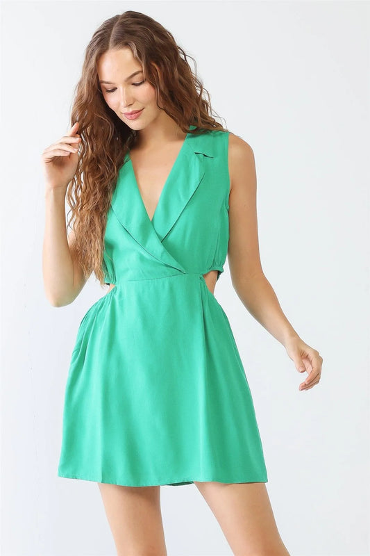 Kelly Green Wrap Collared Neck Two Pocket Cut-Out Detail Mini Dress /3-2-1 - Tasha Apparel Wholesale