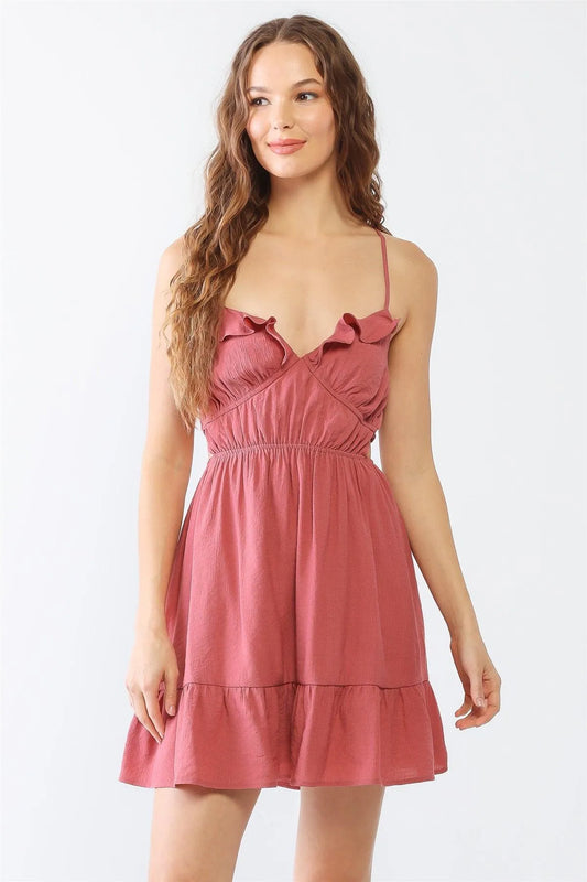 Mauve Textured Ruffle Neck Sleeveless Strappy Criss-Cross Smocked Back Mini Dress /3-2-1 - Tasha Apparel Wholesale