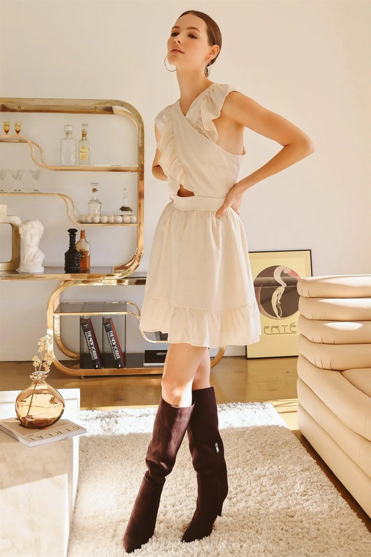 Ivory Criss-Cross Ruffle Cut-Out Flare Hem Mini Dress /2-2-1 - Tasha Apparel Wholesale