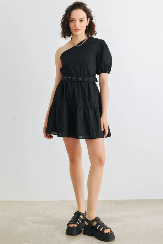 Black Cotton One Shoulder Belted Mini Dress /3-2-1 - Tasha Apparel Wholesale