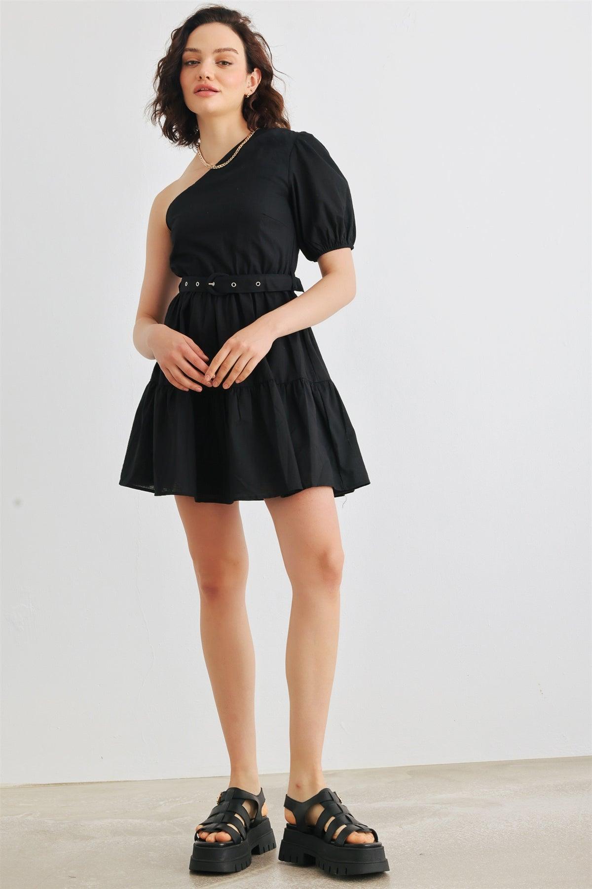 Black Cotton One Shoulder Belted Mini Dress /3-2-1