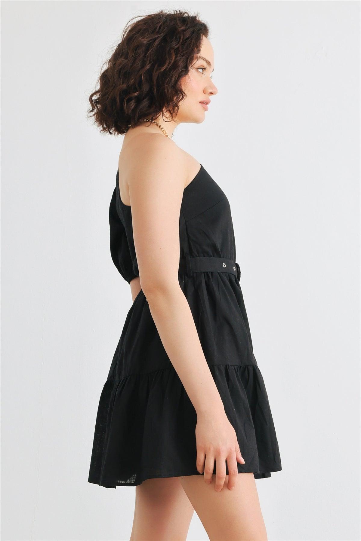 Black Cotton One Shoulder Belted Mini Dress /3-2-1