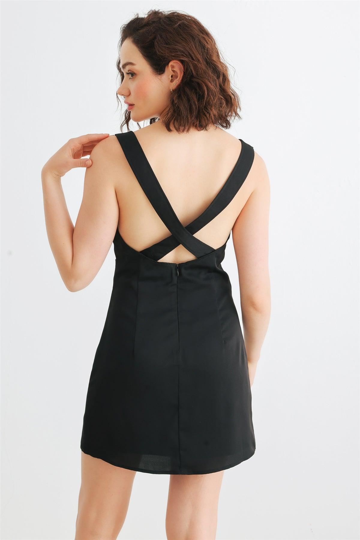 Black Sleeveless Cut-Out Detail Square Neck Back Criss-Cross Mini Dress /1-2-2-1