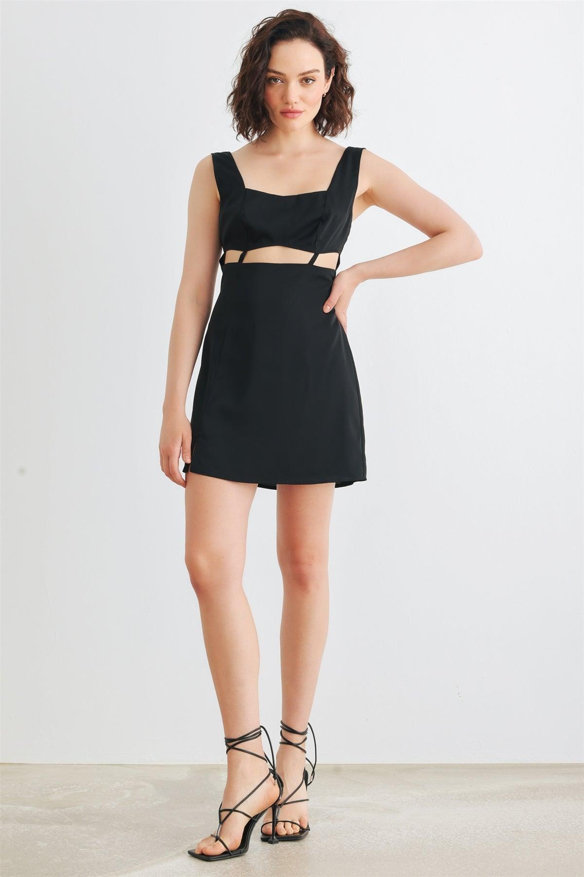 Black Sleeveless Cut-Out Detail Square Neck Back Criss-Cross Mini Dress /1-2-2-1