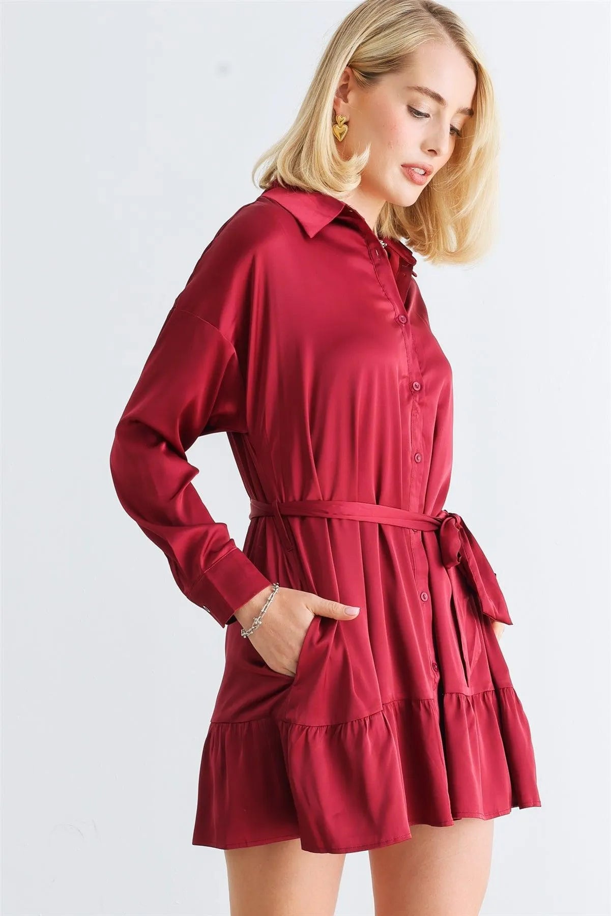 Burgundy Satin Button-Up Collared Neck Belted Mini Dress /1-2-2-1 - Tasha Apparel Wholesale