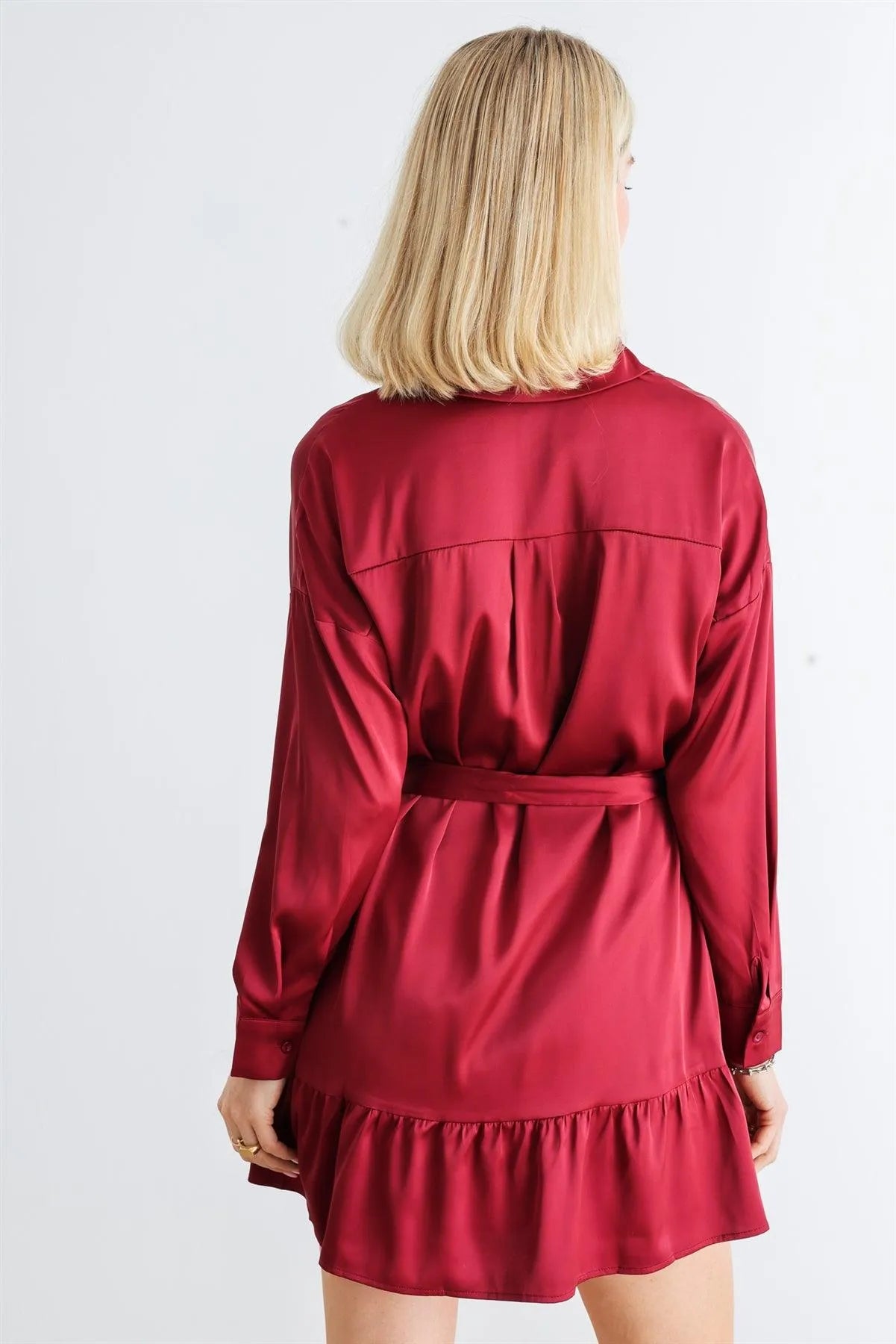 Burgundy Satin Button-Up Collared Neck Belted Mini Dress /1-2-2-1 - Tasha Apparel Wholesale
