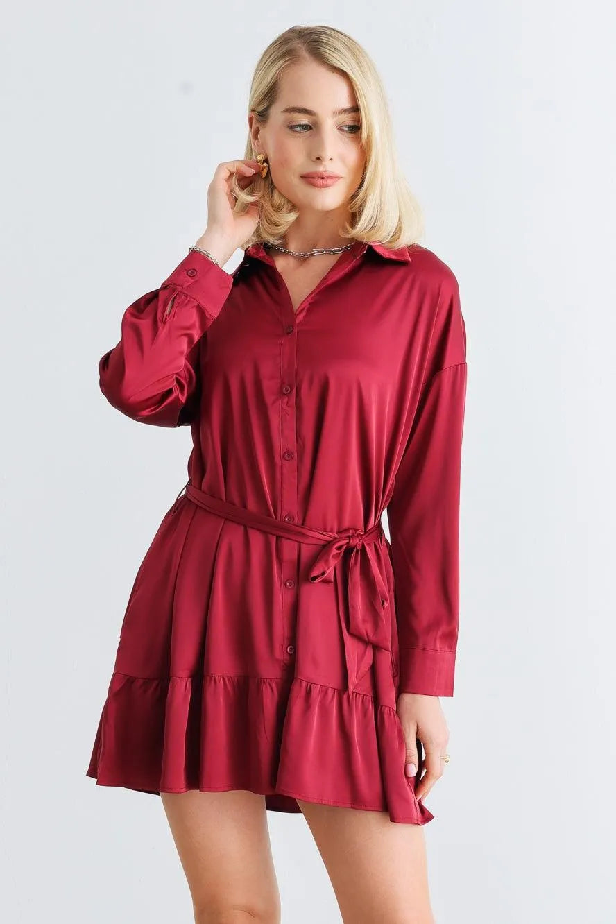 Burgundy Satin Button-Up Collared Neck Belted Mini Dress /1-2-2-1 - Tasha Apparel Wholesale