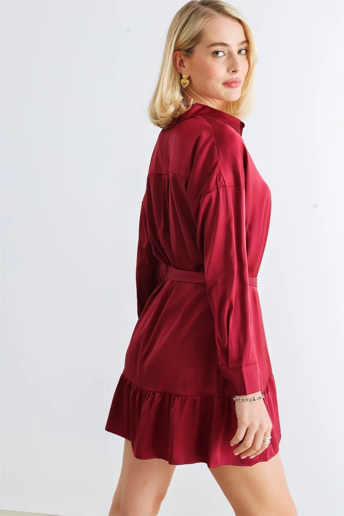 Burgundy Satin Button-Up Collared Neck Belted Mini Dress /1-2-2-1 - Tasha Apparel Wholesale
