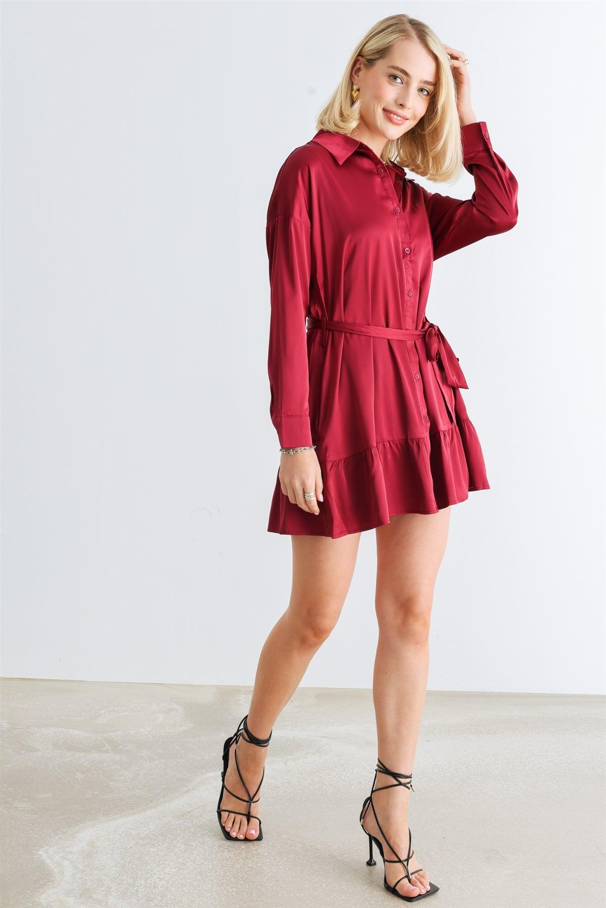 Burgundy Satin Button-Up Collared Neck Belted Mini Dress /1-2-2-1