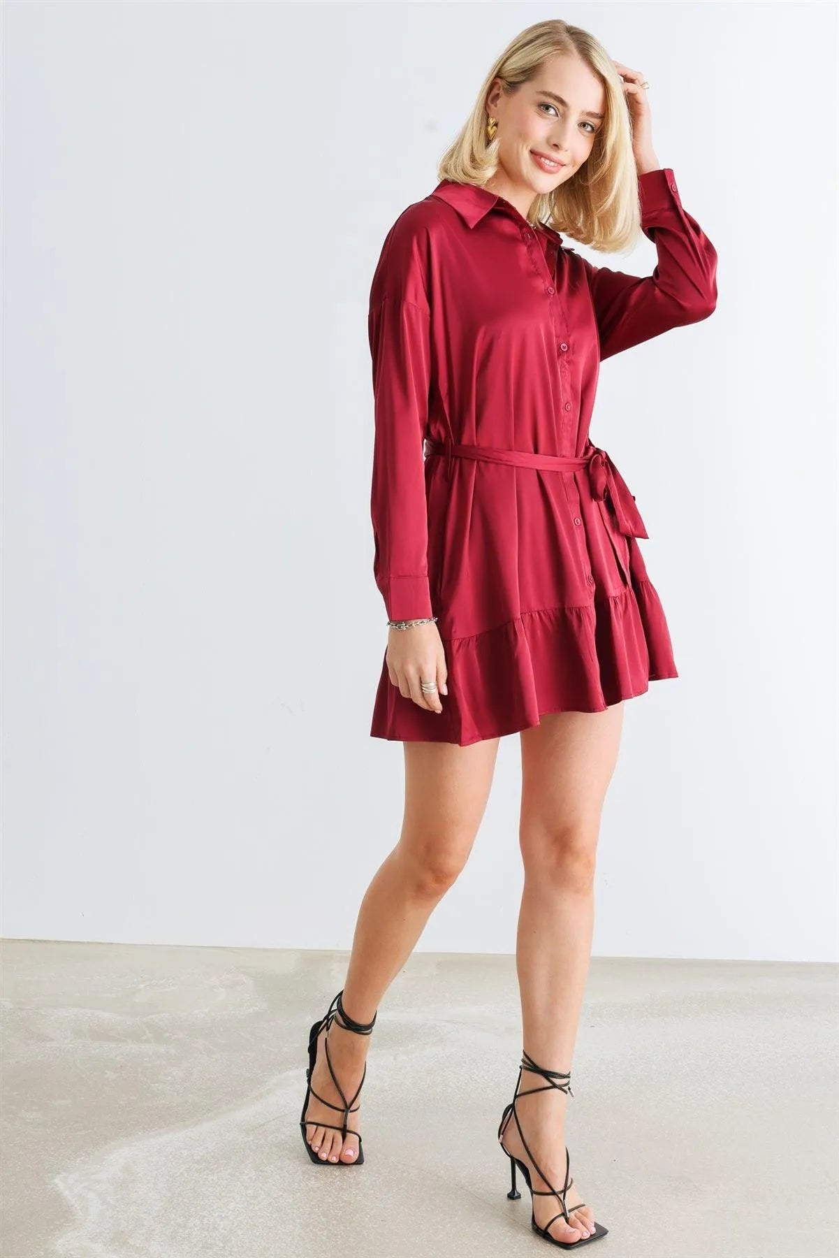 Burgundy Satin Button-Up Collared Neck Belted Mini Dress /1-2-2-1 - Tasha Apparel Wholesale