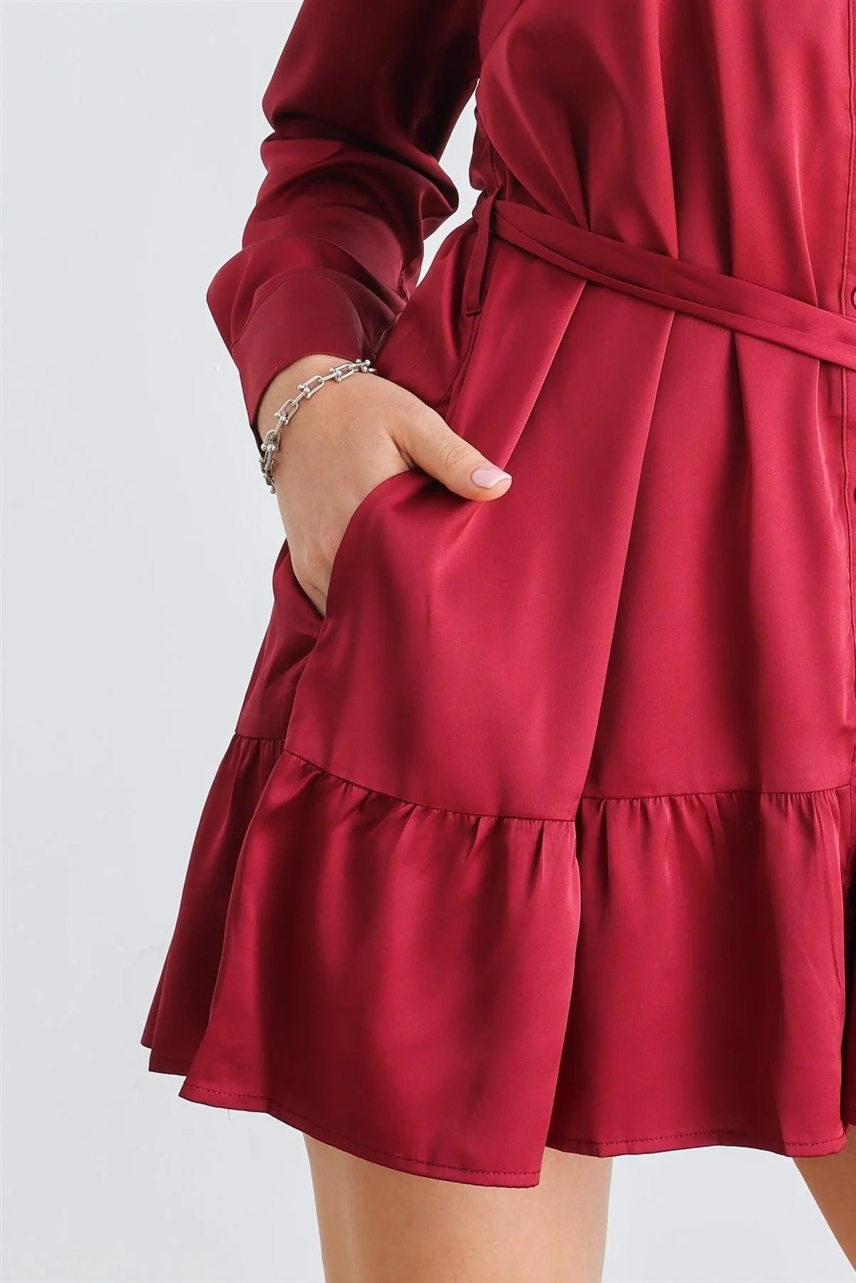 Burgundy Satin Button-Up Collared Neck Belted Mini Dress /1-2-2-1 - Tasha Apparel Wholesale