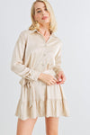 Light Taupe Satin Button-Up Collared Neck Belted Mini Dress /1-2-2-1
